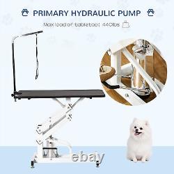 Table de toilettage pour chien professionnel PawHut avec système hydraulique Z Lift et bras noir.